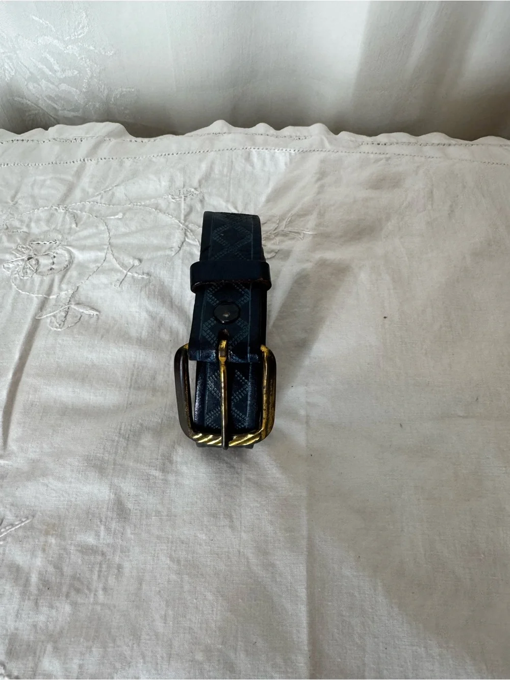 Vintage Blue Textured Leather Belt with Antique Buckle